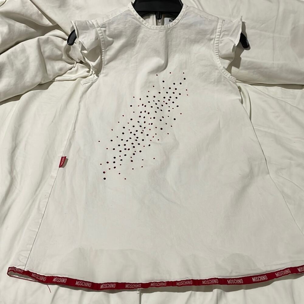 Moschino hemline 5 white short ruffled sleeve dress red rhinestoned euc